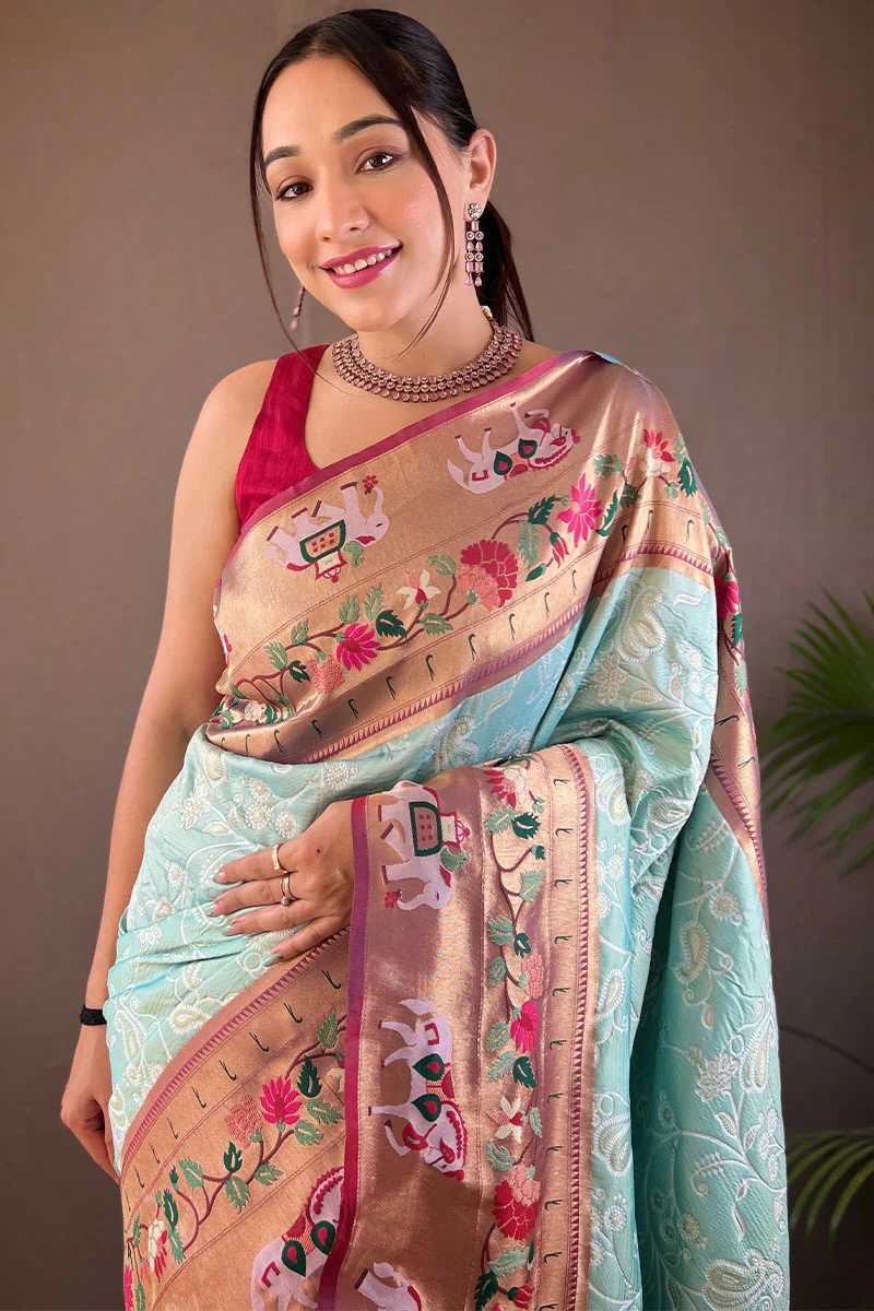 Wonderful Sky Paithani Silk Saree With Energetic Blouse Piece - Image 2