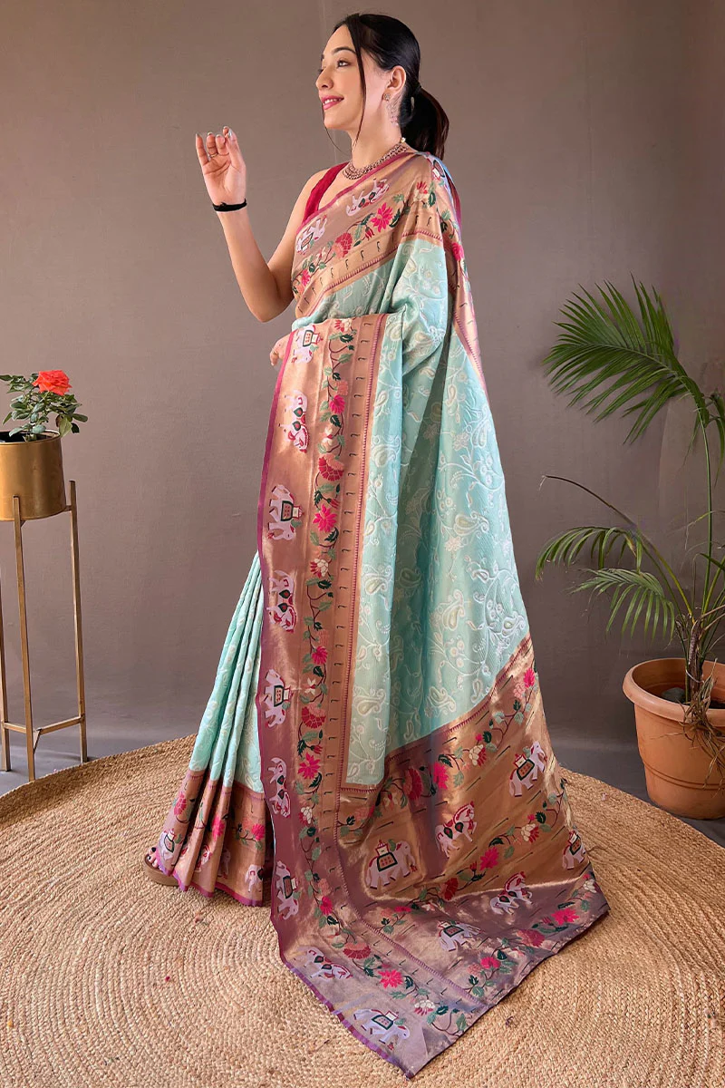 Wonderful Sky Paithani Silk Saree With Energetic Blouse Piece - Image 3