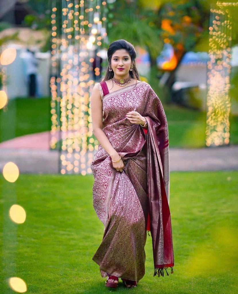 Wonderful Wine Soft Banarasi Silk Saree with Stylish Blouse Piece - Image 2