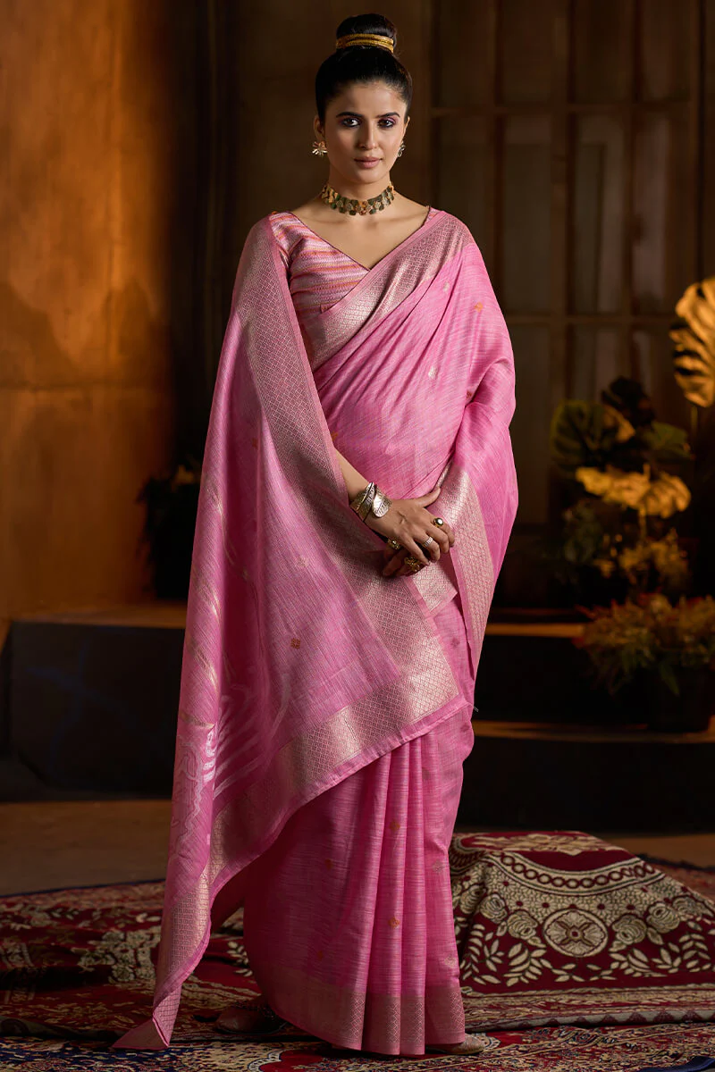 Zephyr Dark Pink Cotton Silk Saree With Pleasurable Blouse Piece - Image 2