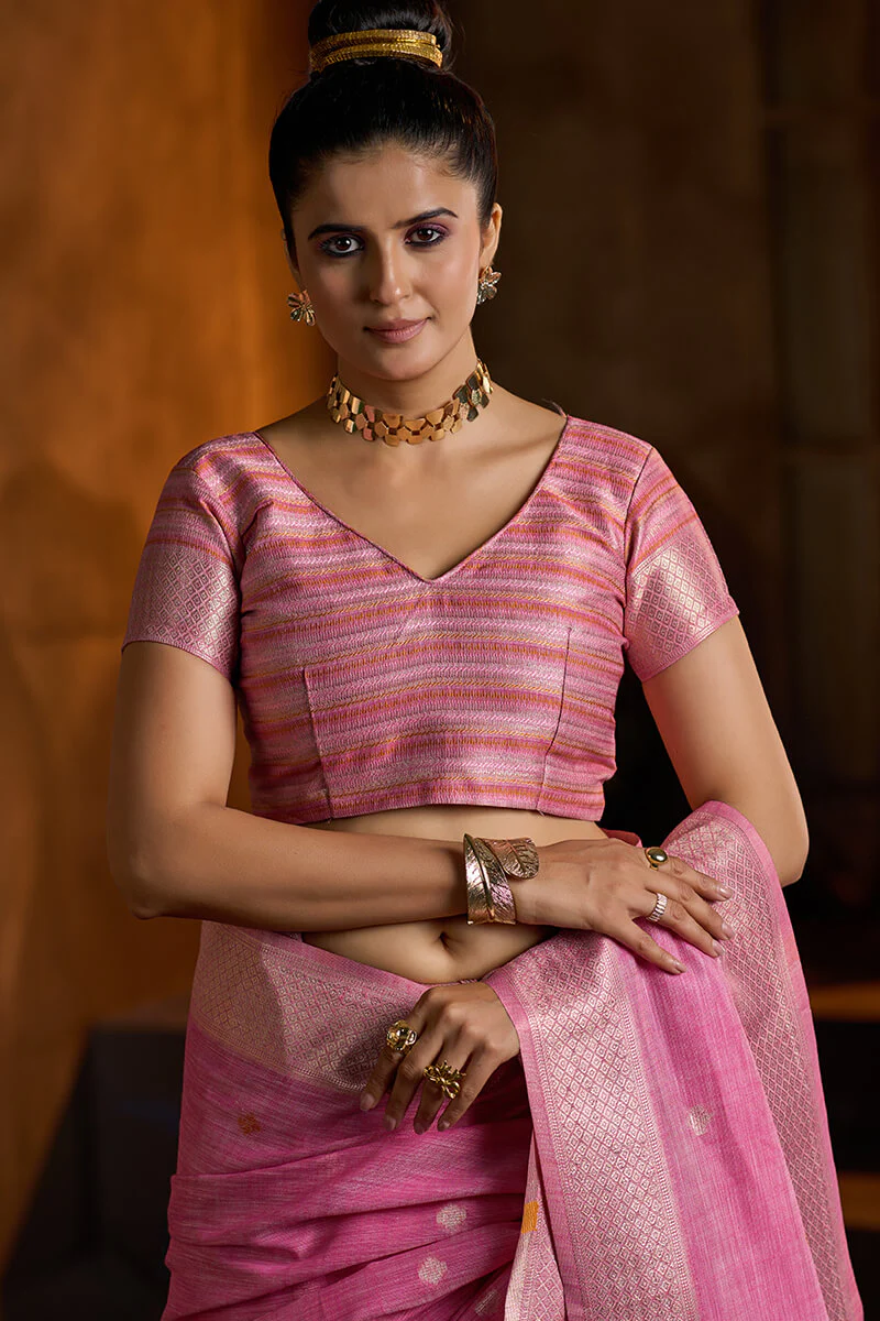 Zephyr Dark Pink Cotton Silk Saree With Pleasurable Blouse Piece - Image 4