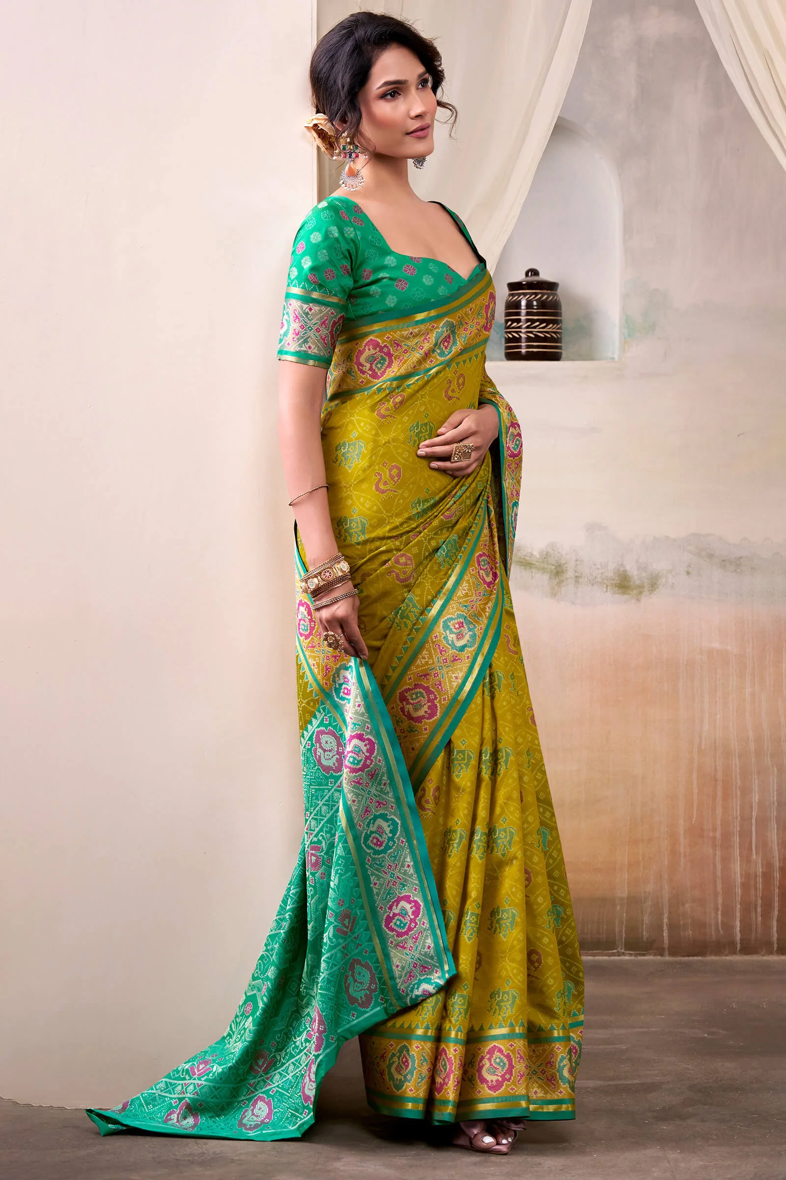 Zephyr Mehndi Patola Silk Saree With Inspiring Blouse Piece - Image 3