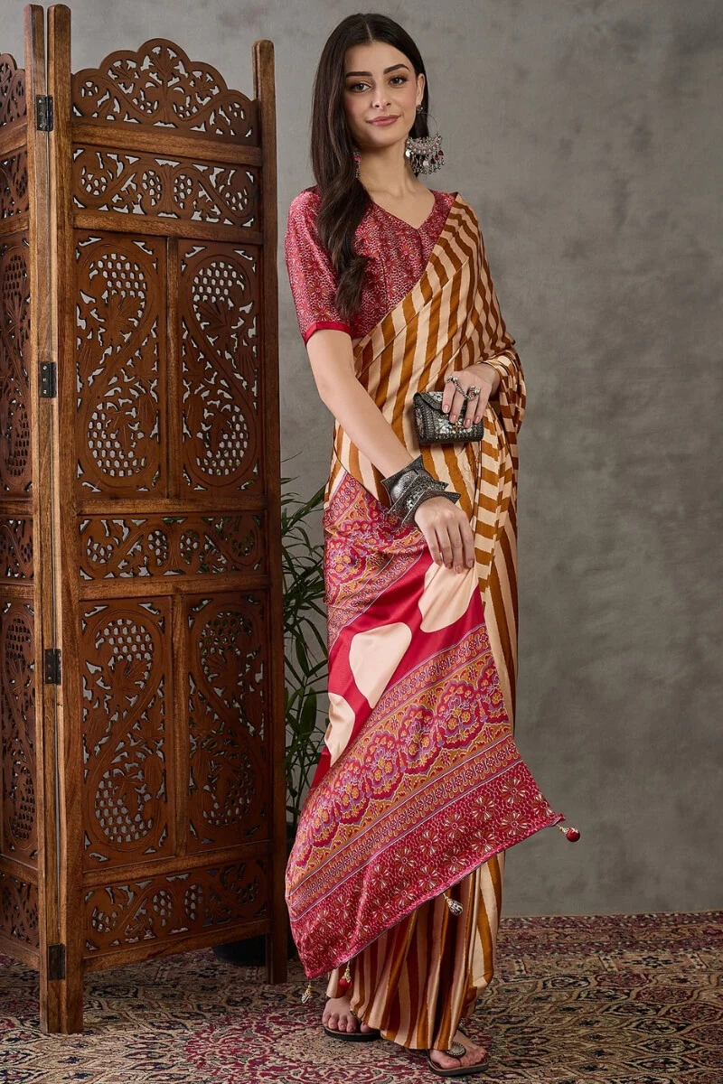 Zephyr Mustard Ajrakh Printed Semi Modal Silk Saree With Girlish Blouse Piece - Image 3