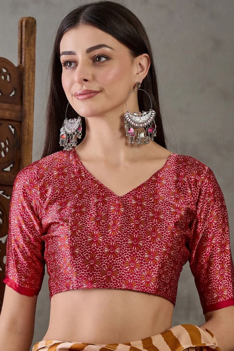 Zephyr Mustard Ajrakh Printed Semi Modal Silk Saree With Girlish Blouse Piece - Image 4