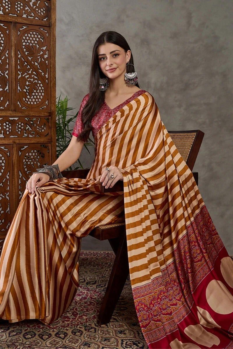 Zephyr Mustard Ajrakh Printed Semi Modal Silk Saree With Girlish Blouse Piece - Image 6