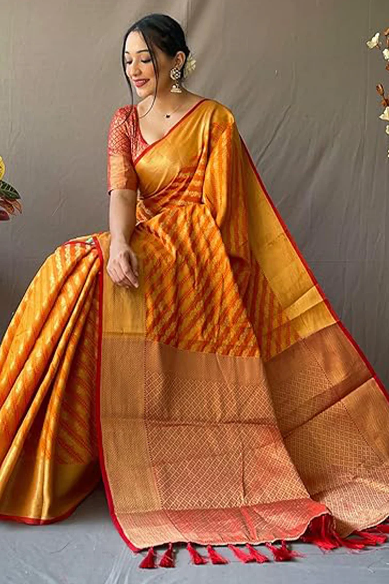 Zephyr Mustard Soft Banarasi Silk Saree With Ephemeral Blouse Piece - Image 3