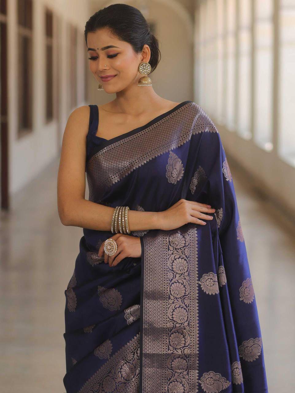 Zephyr Navy Blue Soft Silk Saree With Blooming Blouse Piece - Image 5