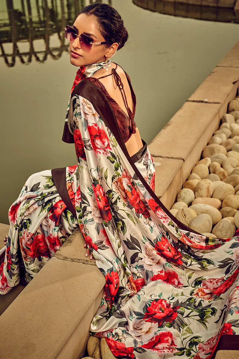 Zephyr Off White Digital Printed Satin Silk Saree With Ineffable Blouse Piece - Image 2