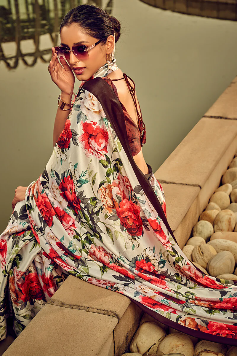 Zephyr Off White Digital Printed Satin Silk Saree With Ineffable Blouse Piece - Image 5