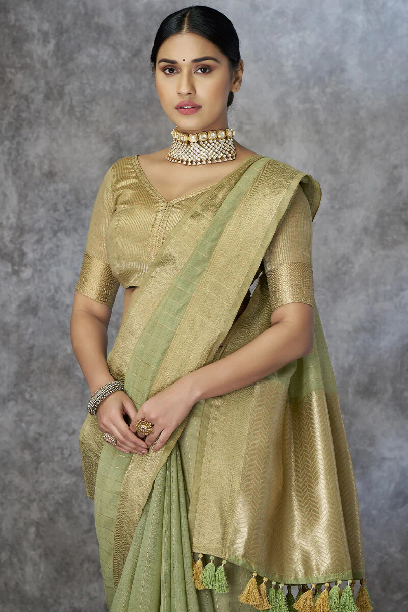 Zephyr Pista Cotton Silk Saree With Ornate Blouse Piece - Image 2