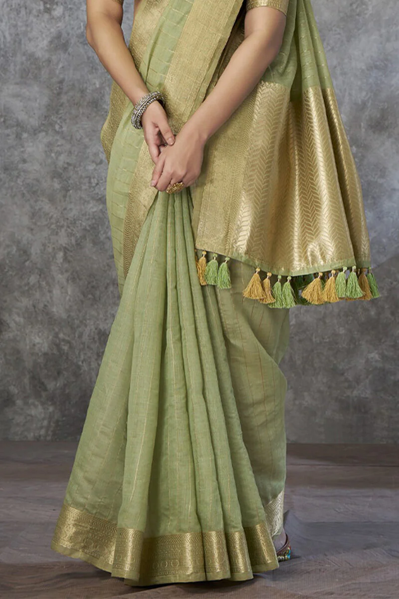 Zephyr Pista Cotton Silk Saree With Ornate Blouse Piece - Image 3