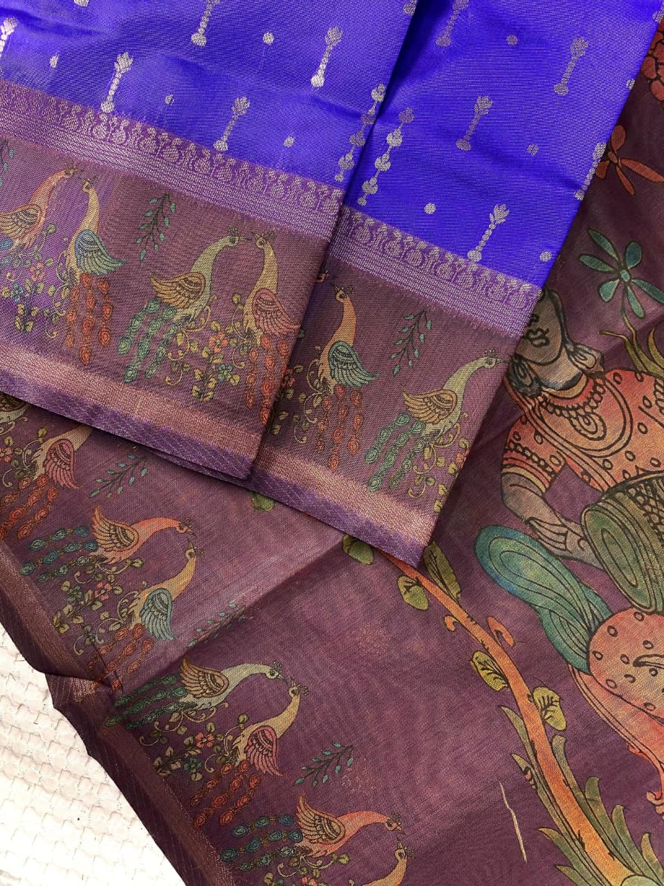 Zephyr Royal Blue Soft Chanderi Silk Printed Saree With Blooming Blouse Piece - Image 2